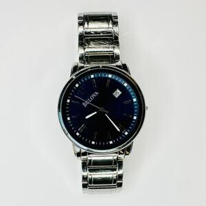 Bulova Men's Stainless Steel Chrome Classic Navy Blue Dress Wristwatch